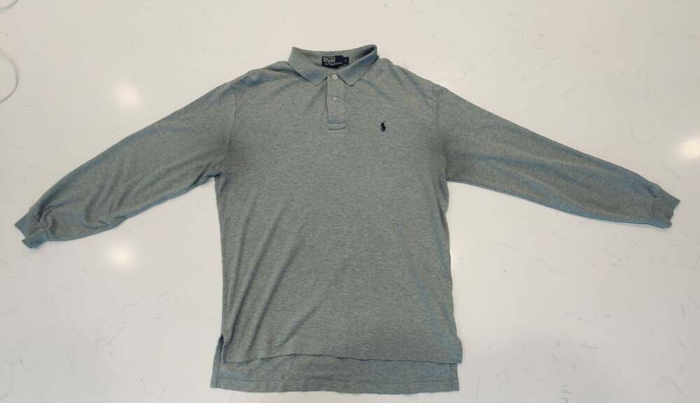 Polo Ralph Lauren Grey Long-Sleeve Knit Polo Shirt with Navy Pony Logo Size L